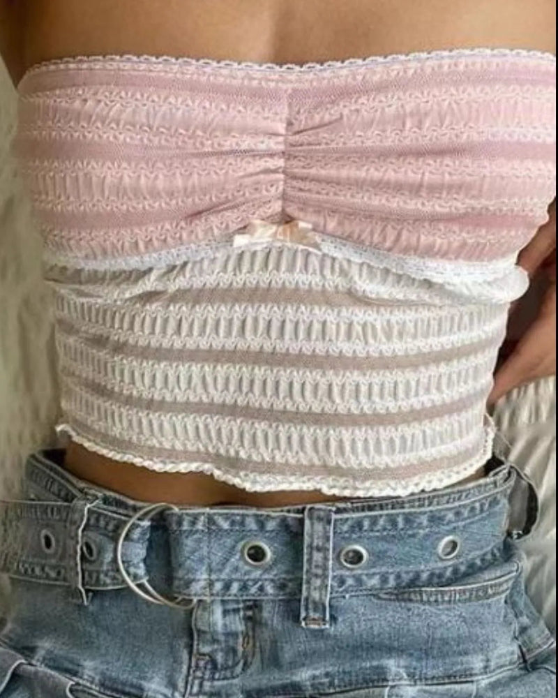 Blush Pink Lace Tube Top - Side View - Showing Texture Detail