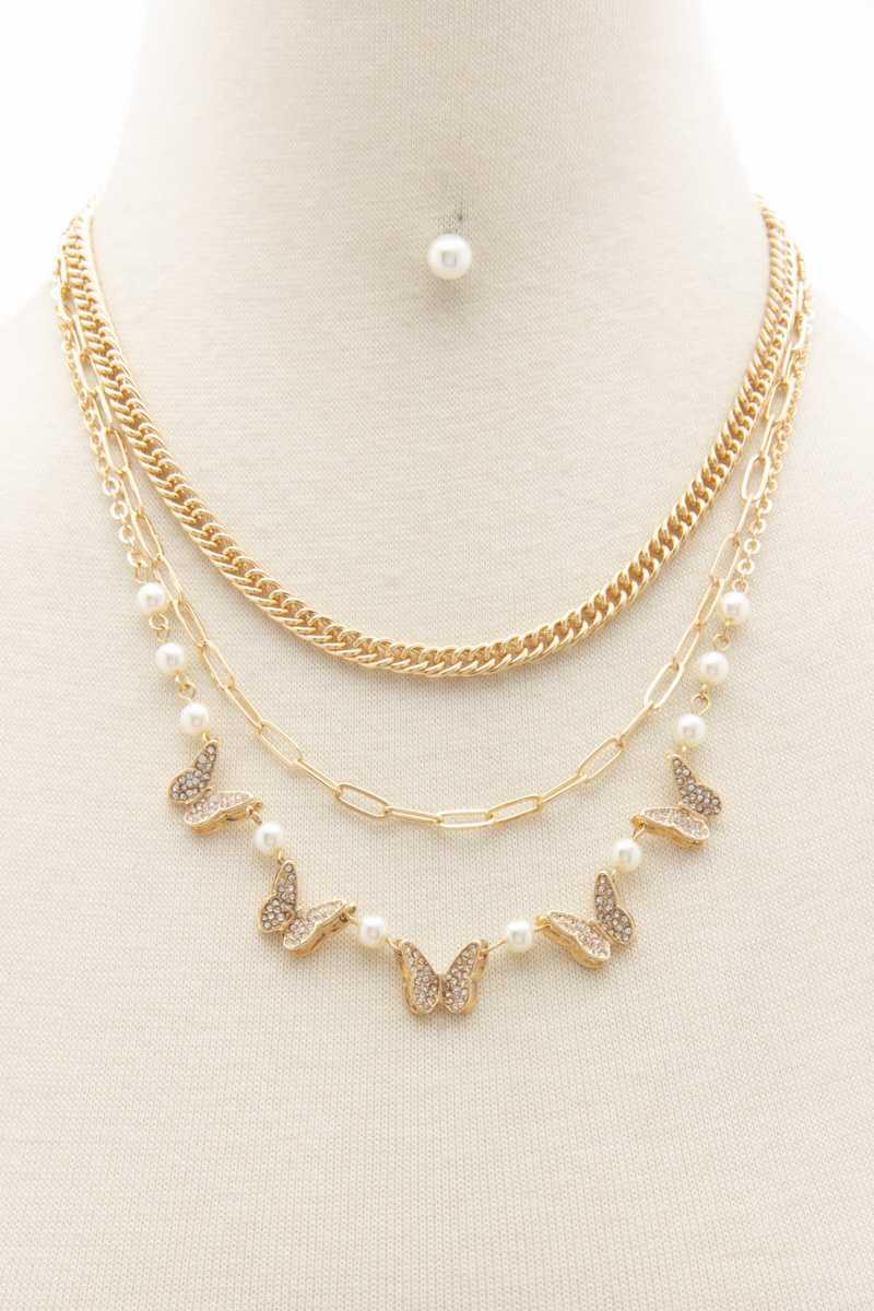 Gold Butterfly Charm Long Oval Link Layered Necklace - Rebel Spirit Designs Gold Butterfly Charm Long Oval Link Layered Necklace