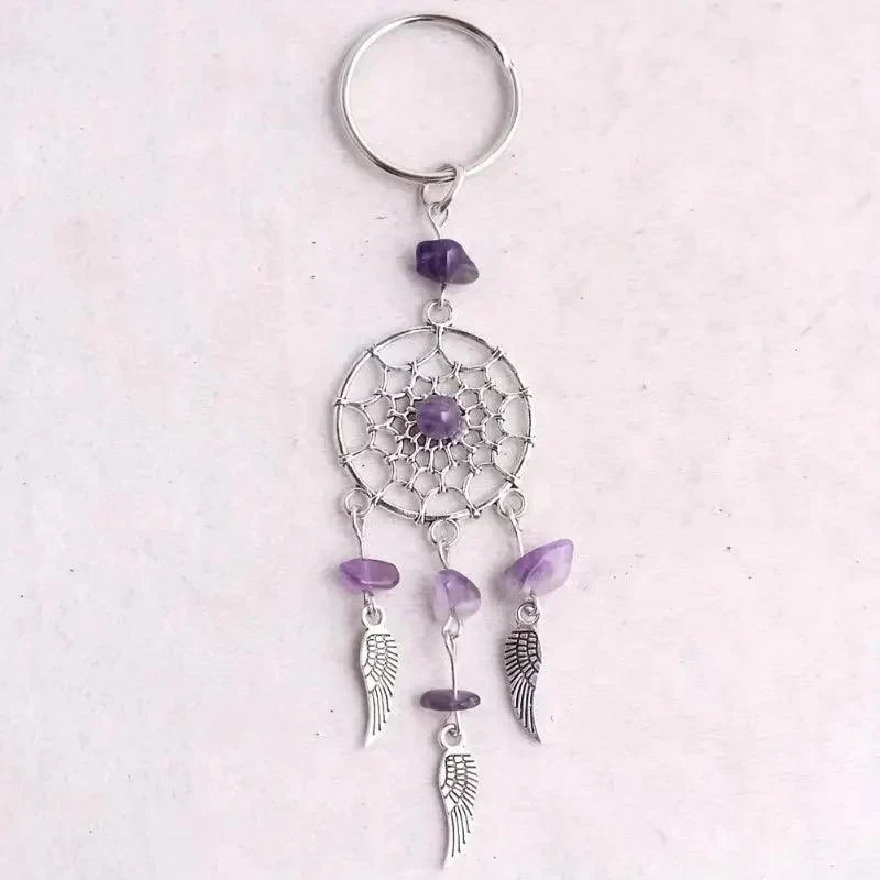 Natural Quartz Crystal Dreamcatcher Beaded Keychain purple amethyst