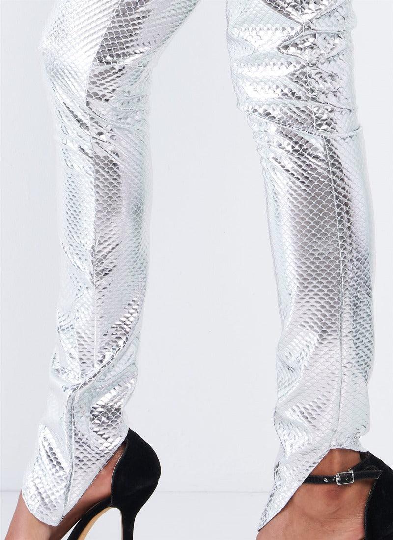 Metallic Scale Print Long Sleeve Off Shoulder Cropped Top Pant Set
