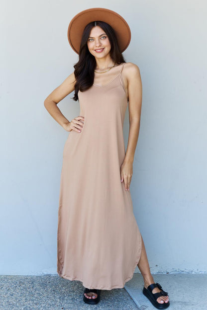 Ninexis Good Energy Full Size Cami Side Slit Maxi Dress in Camel - Rebel Spirit Designs Ninexis Good Energy Full Size Cami Side Slit Maxi Dress in Camel