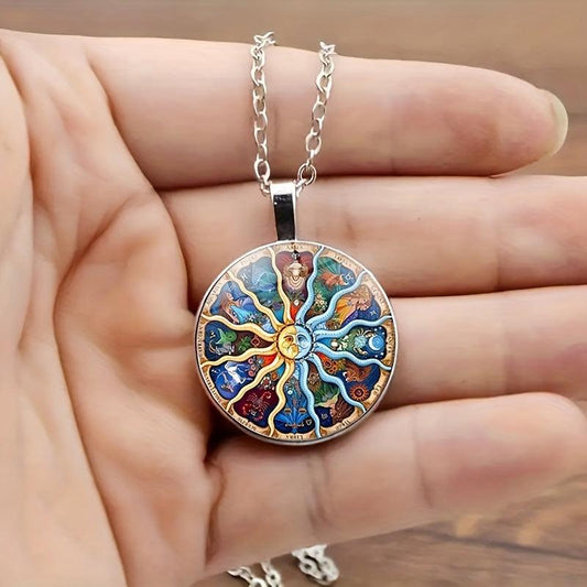 12 Constellations Zodiac Astrology Sun Moon Stars Pendant Necklace