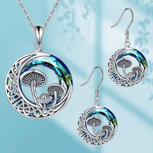 3-Piece Set: Cute Hollow Mushroom Moon Blue Round Necklace & Earrings Set - Rebel Spirit Designs 3-Piece Set: Cute Hollow Mushroom Moon Blue Round Necklace & Earrings Set