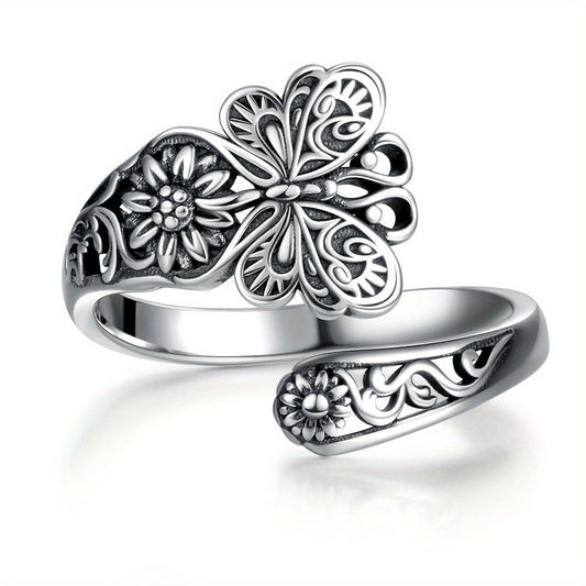 Vintage Adjustable Silver Spoon Ring Intricately Carved Butterfly & Flower Design - Rebel Spirit Designs Vintage Adjustable Silver Spoon Ring Intricately Carved Butterfly & Flower Design