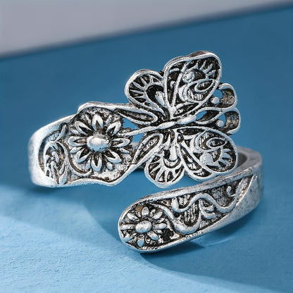 Vintage Adjustable Silver Spoon Ring Intricately Carved Butterfly & Flower Design - Rebel Spirit Designs Vintage Adjustable Silver Spoon Ring Intricately Carved Butterfly & Flower Design