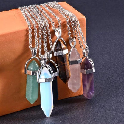 Natural Stone Balancing Hexagon Crystal Point Pendant Necklace