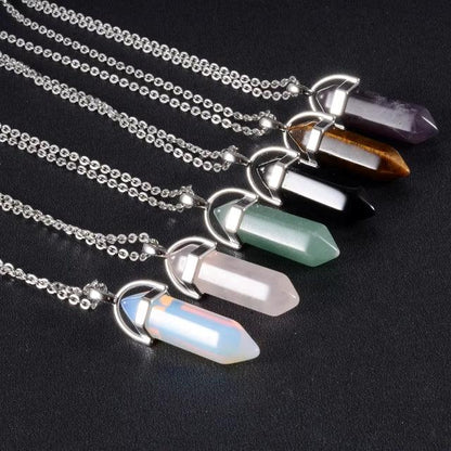 Natural Stone Balancing Hexagon Crystal Point Pendant Necklace