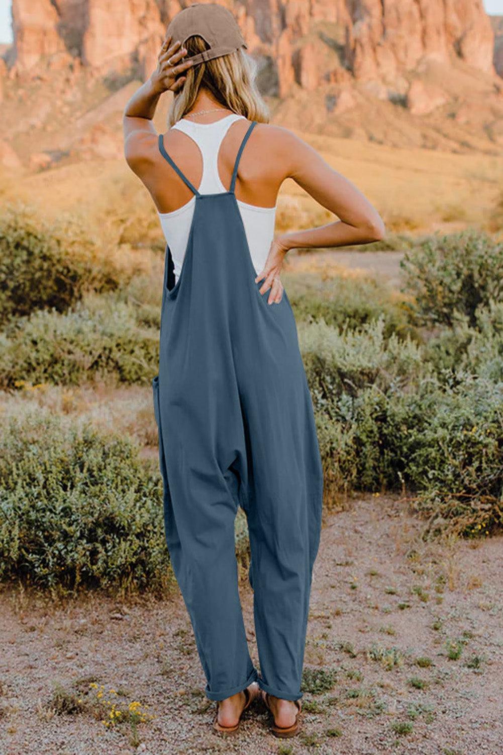 Double Take Full Size V-Neck Sleeveless Jumpsuit with Pockets - Rebel Spirit Designs Double Take Full Size V-Neck Sleeveless Jumpsuit with Pockets