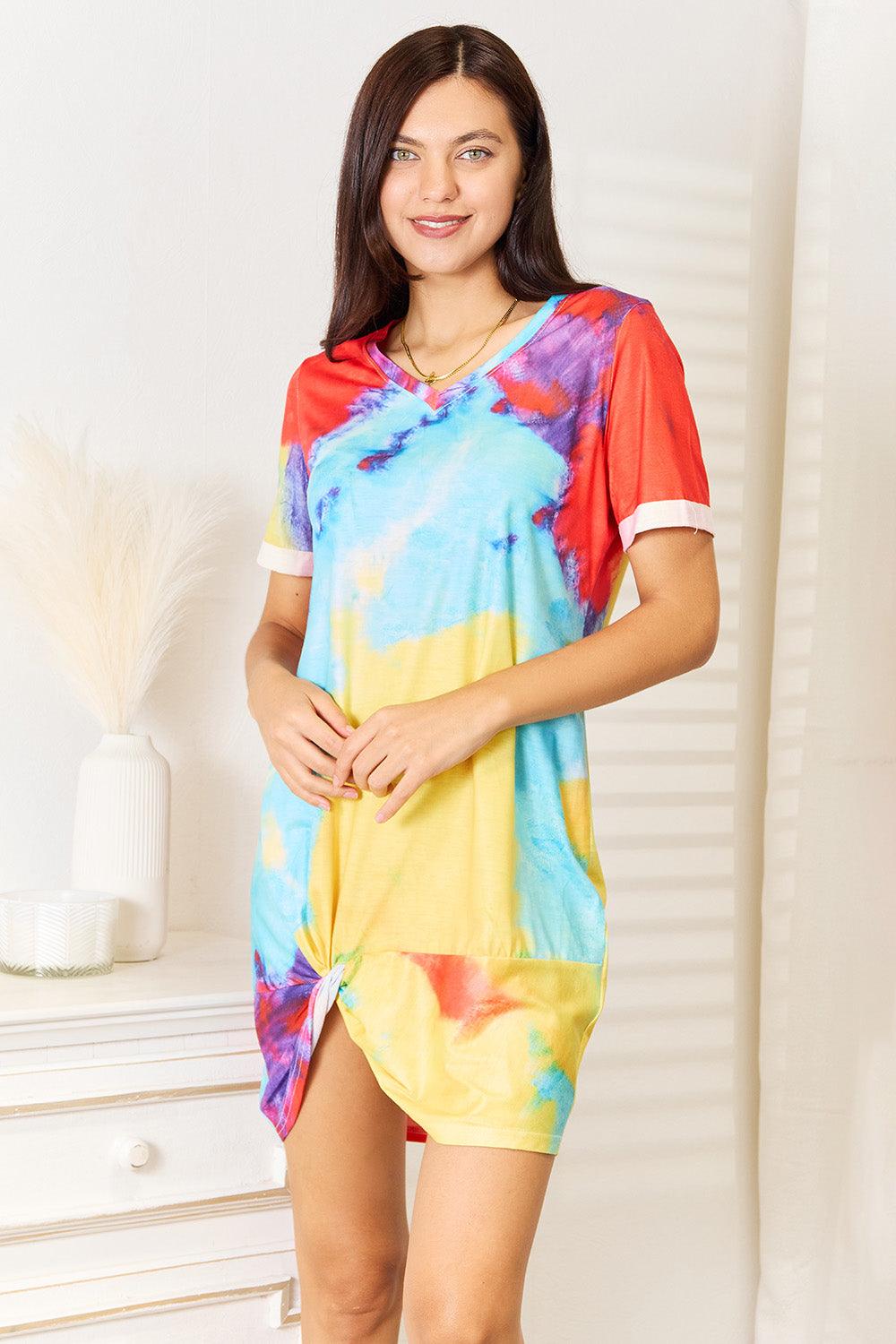 Shiny Tie-Dye V-Neck Twisted Dress - Rebel Spirit Designs Shiny Tie-Dye V-Neck Twisted Dress