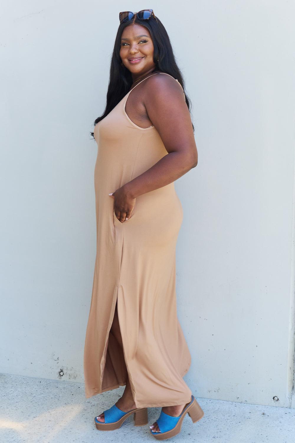 Ninexis Good Energy Full Size Cami Side Slit Maxi Dress in Camel - Rebel Spirit Designs Ninexis Good Energy Full Size Cami Side Slit Maxi Dress in Camel