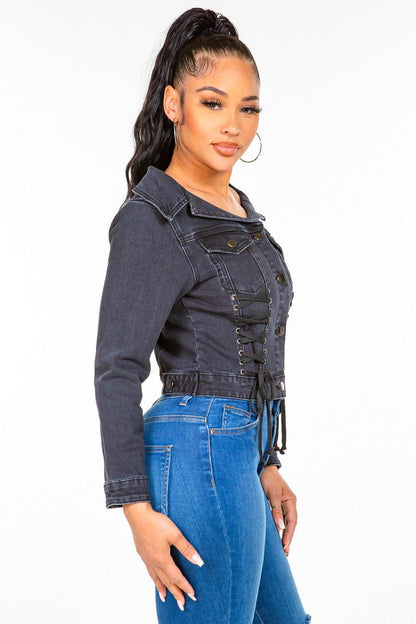 Black American Bazi Off Shoulder Lace Up Denim Jacket for Woman - Rebel Spirit Designs Black American Bazi Off Shoulder Lace Up Denim Jacket for Woman