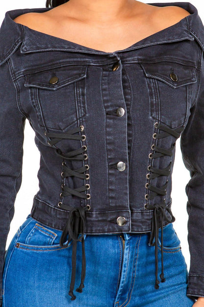 Black American Bazi Off Shoulder Lace Up Denim Jacket for Woman - Rebel Spirit Designs Black American Bazi Off Shoulder Lace Up Denim Jacket for Woman