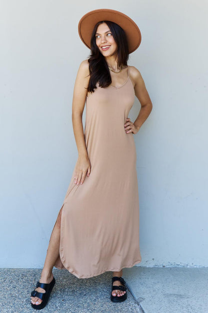 Ninexis Good Energy Full Size Cami Side Slit Maxi Dress in Camel - Rebel Spirit Designs Ninexis Good Energy Full Size Cami Side Slit Maxi Dress in Camel