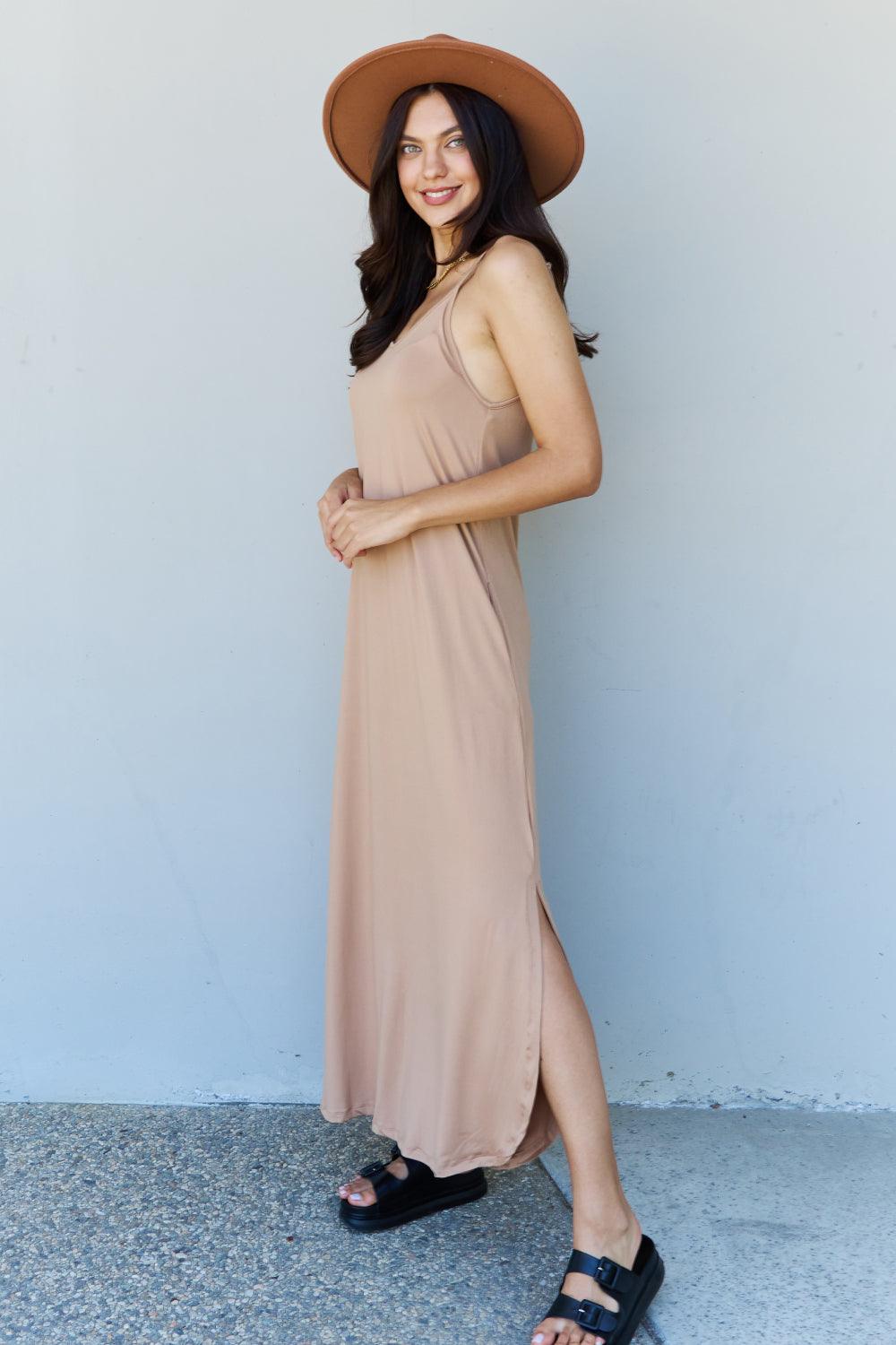 Ninexis Good Energy Full Size Cami Side Slit Maxi Dress in Camel - Rebel Spirit Designs Ninexis Good Energy Full Size Cami Side Slit Maxi Dress in Camel