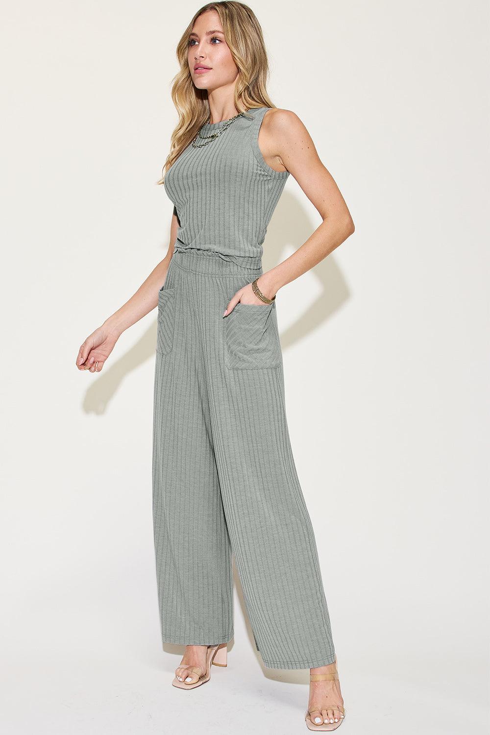 Basic Bae Full Size Ribbed Tank and Wide Leg Pants Set - Rebel Spirit Designs Basic Bae Full Size Ribbed Tank and Wide Leg Pants Set