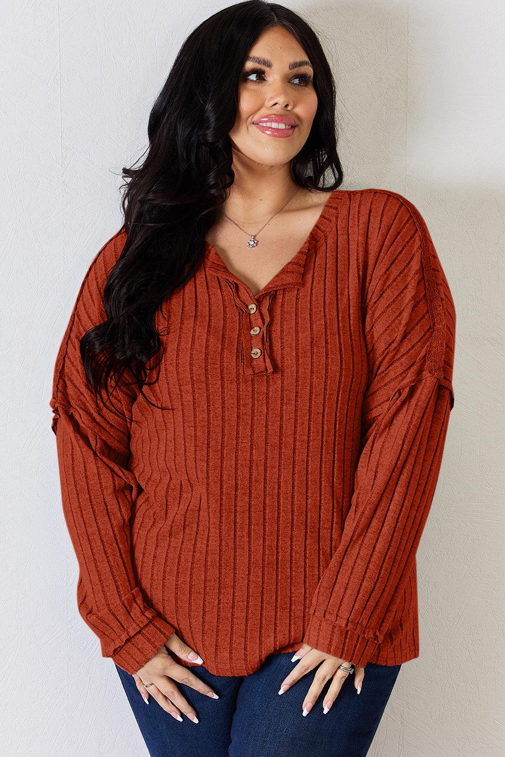 Basic Bae Full Size Ribbed Half Button Long Sleeve T-Shirt - Rebel Spirit Designs Basic Bae Full Size Ribbed Half Button Long Sleeve T-Shirt