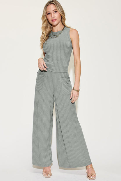 Basic Bae Full Size Ribbed Tank and Wide Leg Pants Set - Rebel Spirit Designs Basic Bae Full Size Ribbed Tank and Wide Leg Pants Set