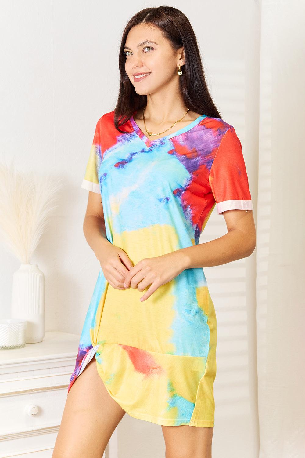 Shiny Tie-Dye V-Neck Twisted Dress - Rebel Spirit Designs Shiny Tie-Dye V-Neck Twisted Dress