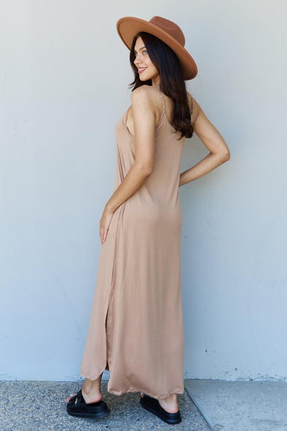 Ninexis Good Energy Full Size Cami Side Slit Maxi Dress in Camel - Rebel Spirit Designs Ninexis Good Energy Full Size Cami Side Slit Maxi Dress in Camel