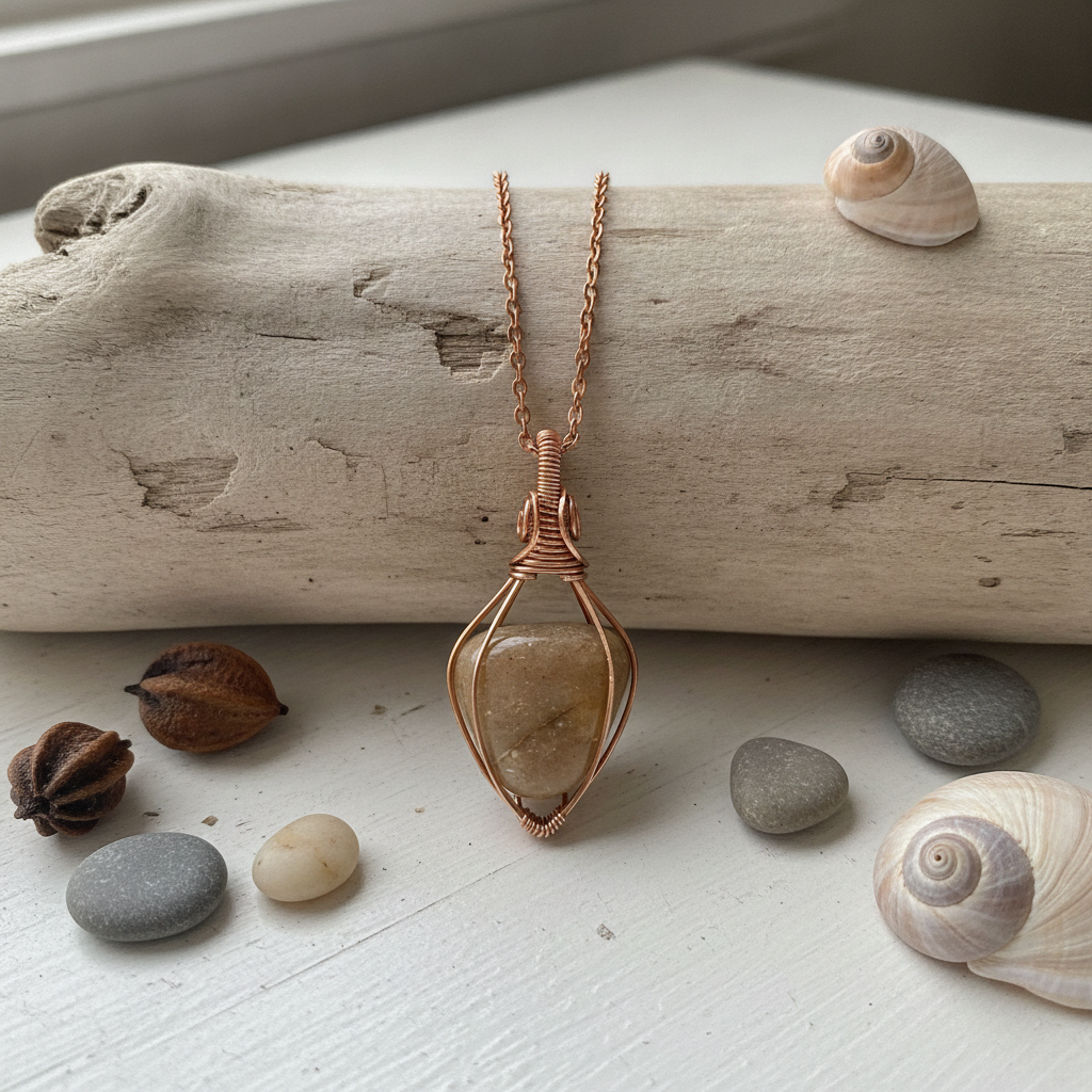 Natural Stone Carnelian Rock Handwrapped Copper Wire Necklace