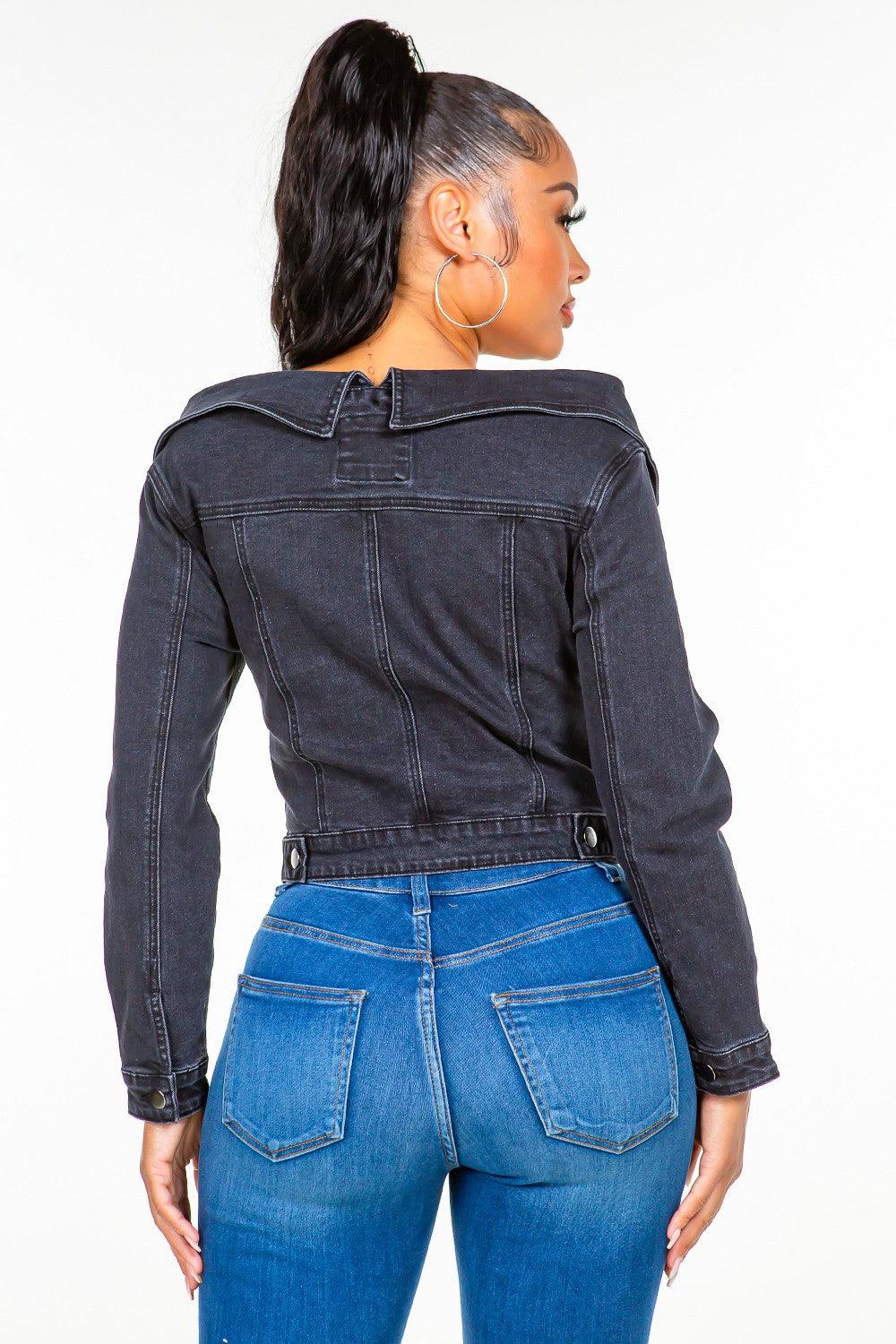 Black American Bazi Off Shoulder Lace Up Denim Jacket for Woman - Rebel Spirit Designs Black American Bazi Off Shoulder Lace Up Denim Jacket for Woman