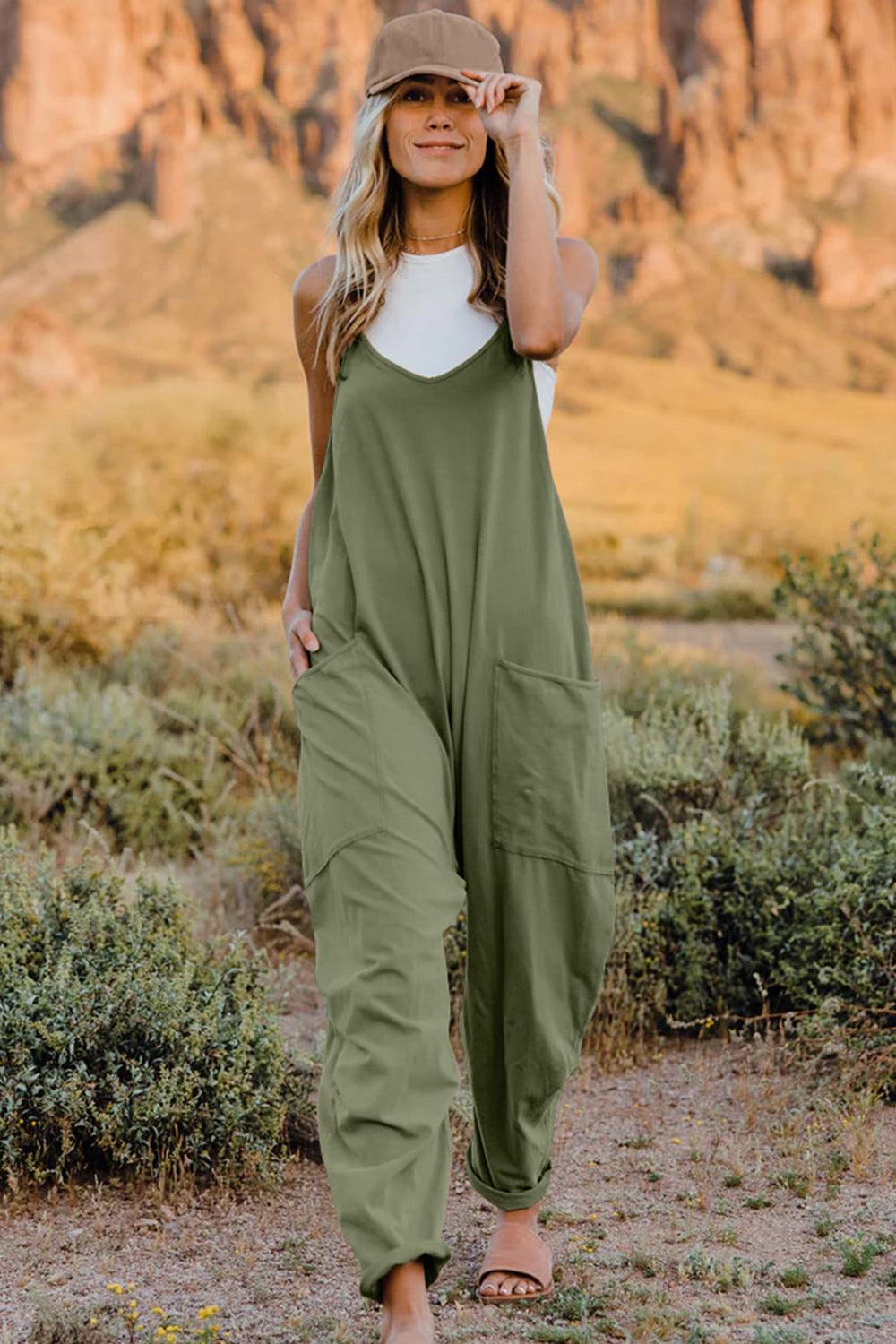 Double Take Full Size V-Neck Sleeveless Jumpsuit with Pockets - Rebel Spirit Designs Double Take Full Size V-Neck Sleeveless Jumpsuit with Pockets