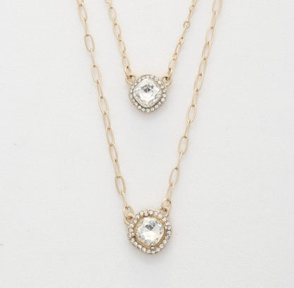 3 Piece Double Crystal Metal Layered Necklace and Earrings