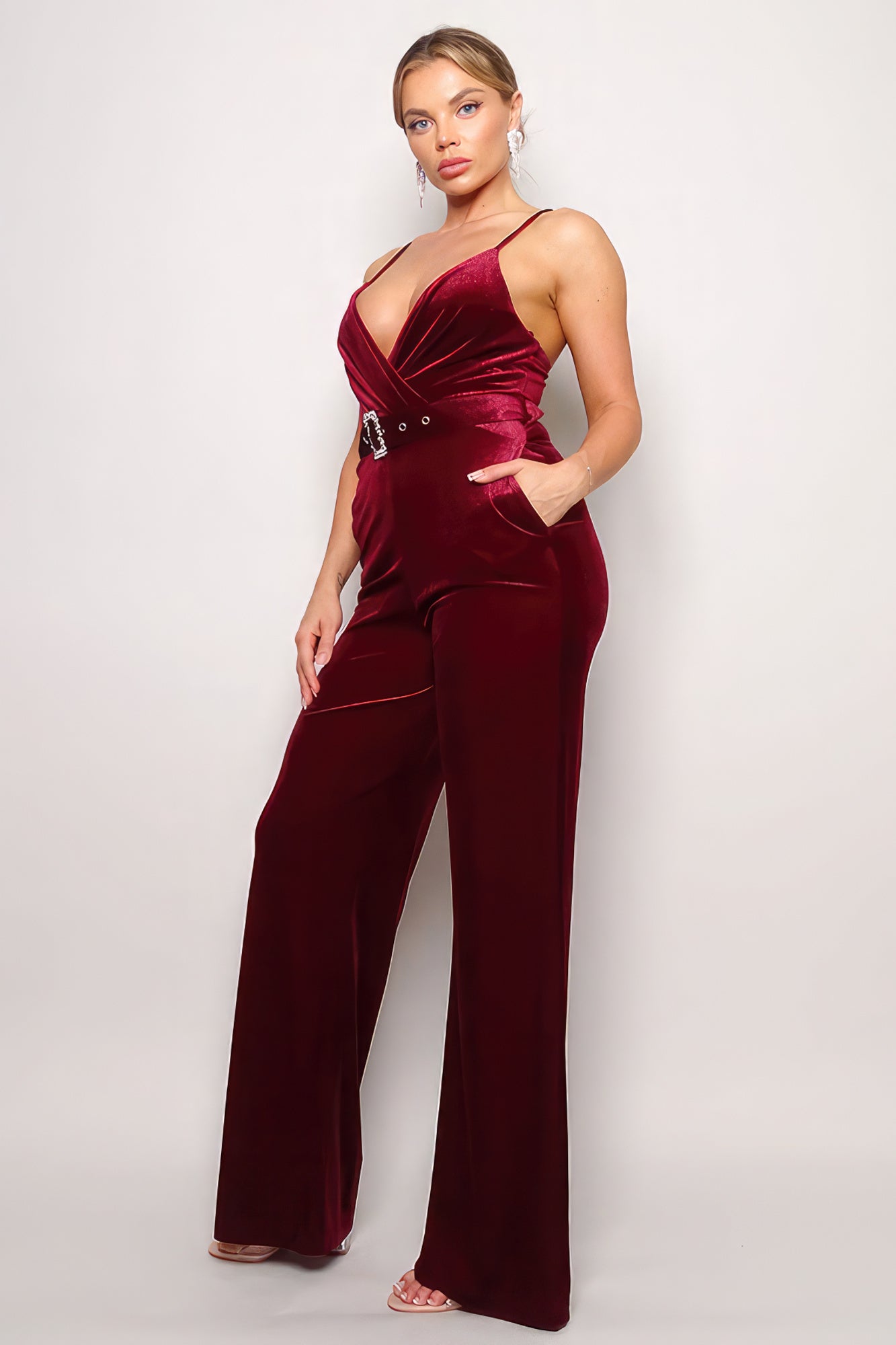 Classy Samba Rhinestone Belt Flare Leg Velvet Spaghetti Strap Jumpsuit