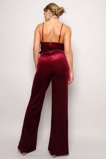 Classy Samba Rhinestone Belt Flare Leg Velvet Spaghetti Strap Jumpsuit