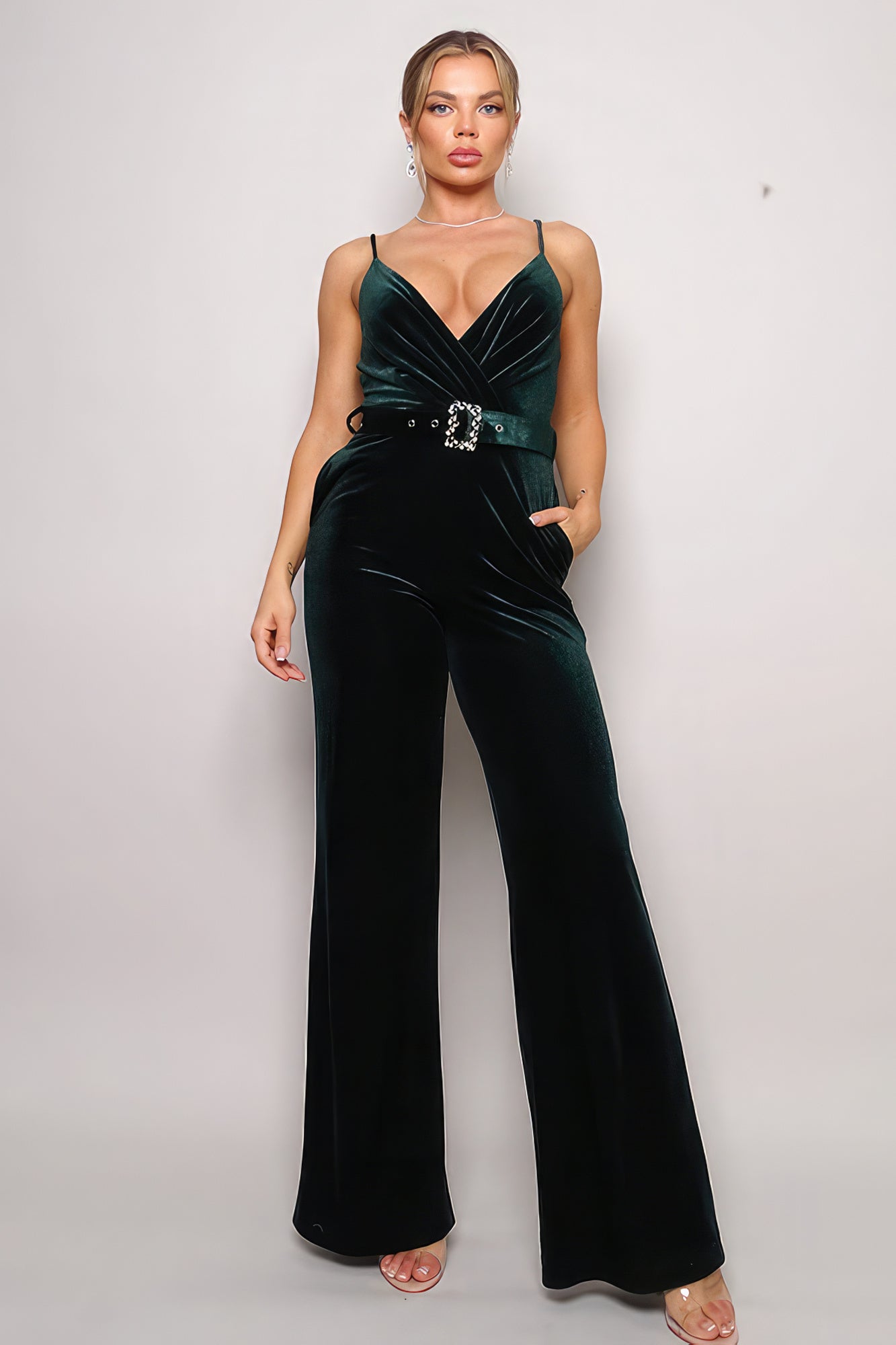 Classy Samba Rhinestone Belt Flare Leg Velvet Spaghetti Strap Jumpsuit