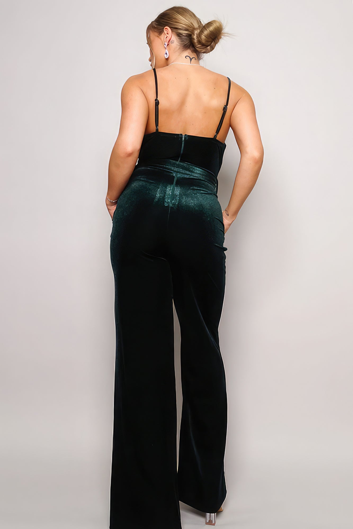 Classy Samba Rhinestone Belt Flare Leg Velvet Spaghetti Strap Jumpsuit