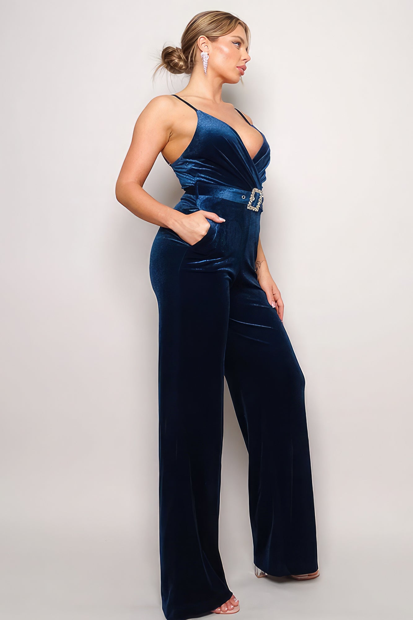 Classy Samba Rhinestone Belt Flare Leg Velvet Spaghetti Strap Jumpsuit