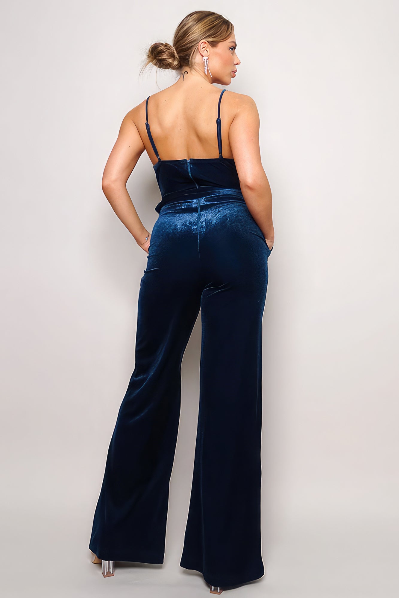 Classy Samba Rhinestone Belt Flare Leg Velvet Spaghetti Strap Jumpsuit