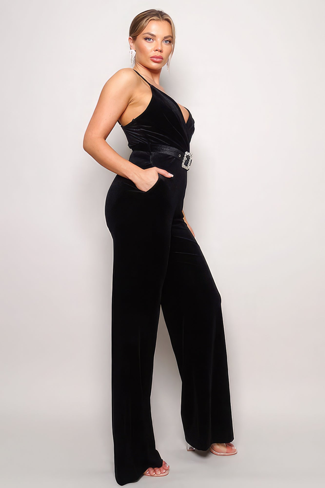 Classy Samba Rhinestone Belt Flare Leg Velvet Spaghetti Strap Jumpsuit