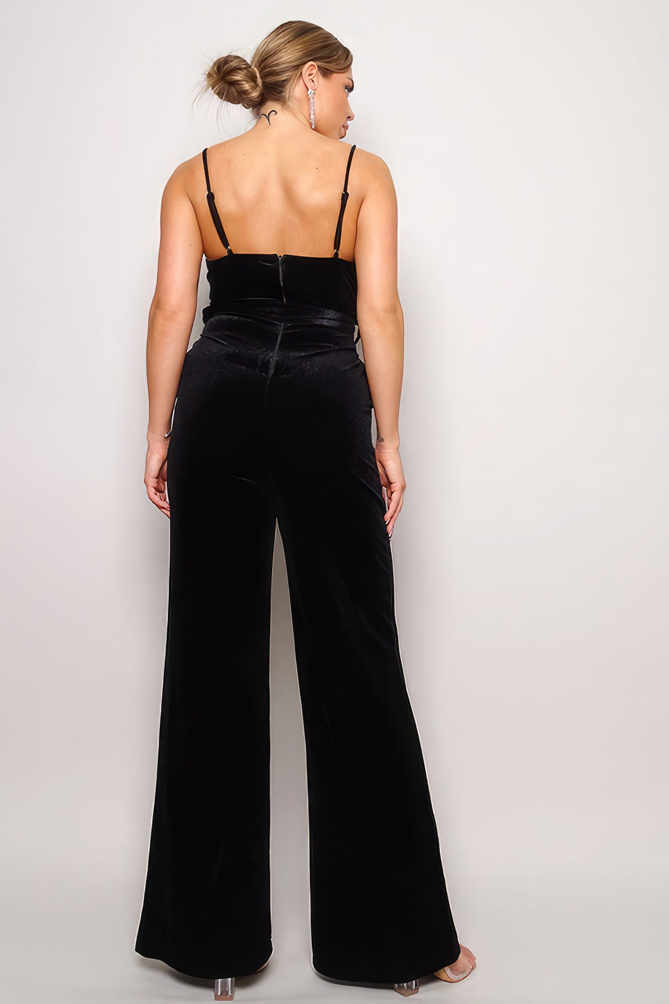 Classy Samba Rhinestone Belt Flare Leg Velvet Spaghetti Strap Jumpsuit