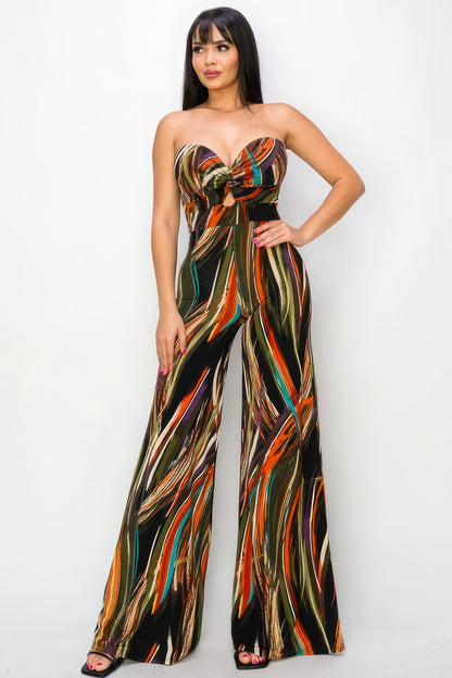 Allover Print Strapless Twist Front Wide Flare Leg Jumpsuit