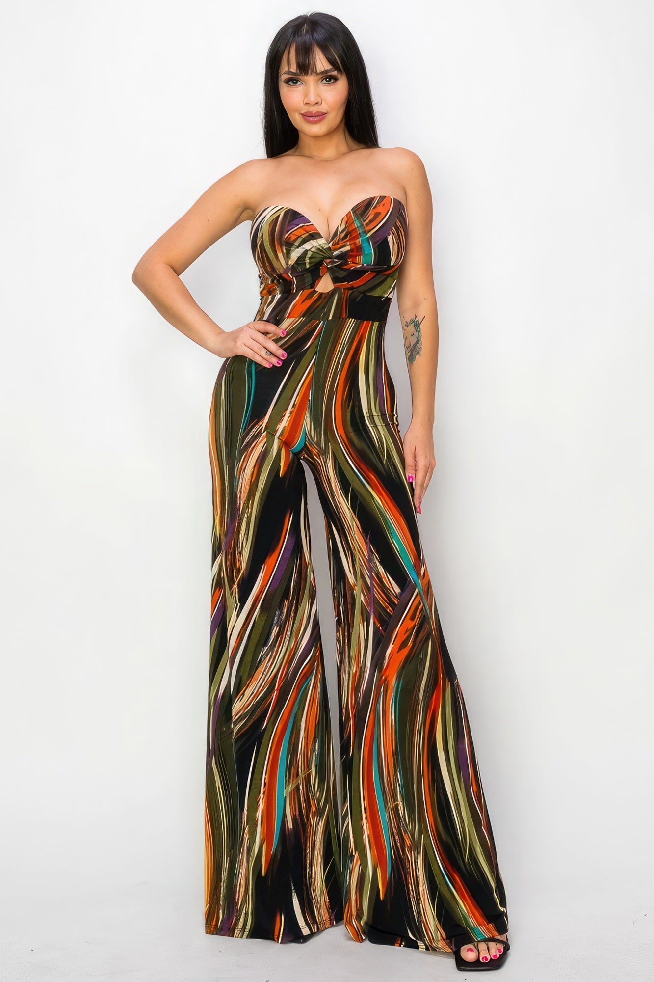 Allover Print Strapless Twist Front Wide Flare Leg Jumpsuit