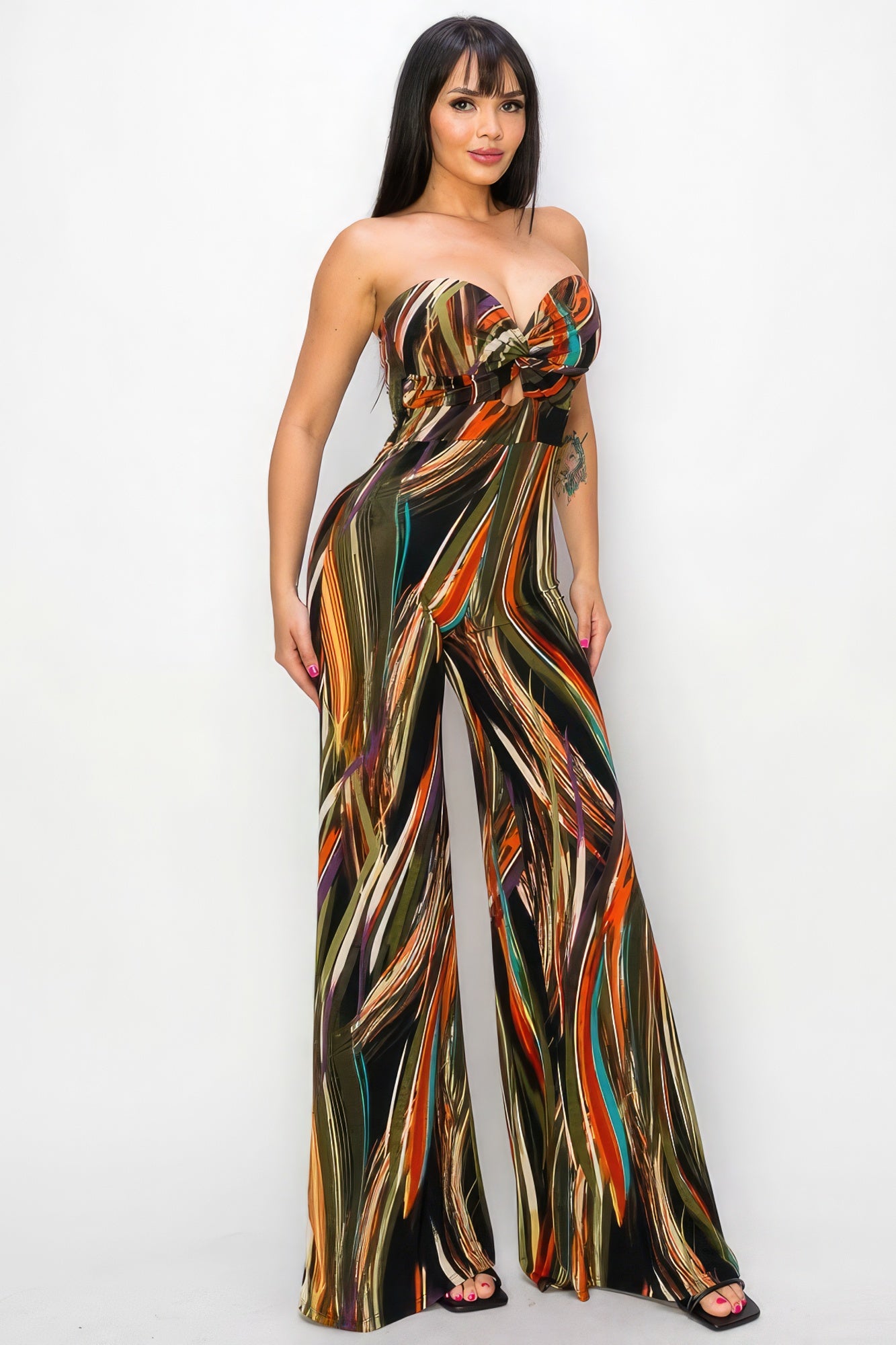 Allover Print Strapless Twist Front Wide Flare Leg Jumpsuit