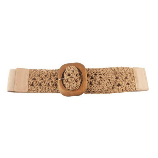 Vintage Crochet Wood Buckle Stretch Elastic Belt