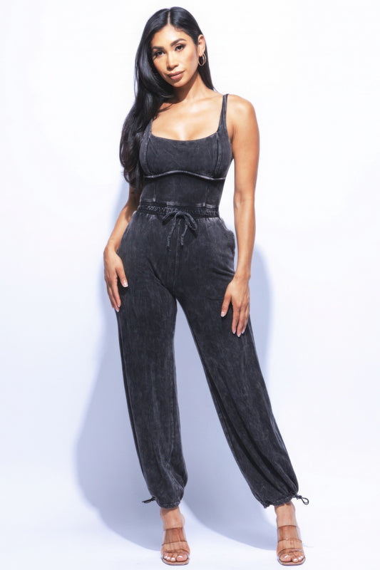 Washed One Piece Spaghetti Strap Jumpsuit With Adjustable Ankle