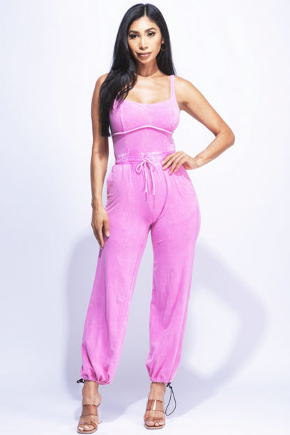 Washed One Piece Spaghetti Strap Jumpsuit Romper With Adjustable Ankle