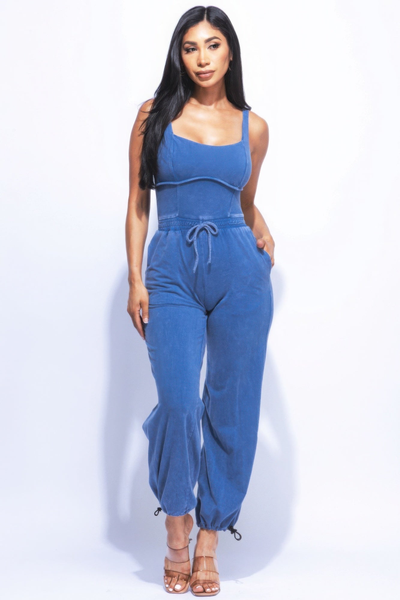 Washed One Piece Spaghetti Strap Jumpsuit Romper With Adjustable Ankle