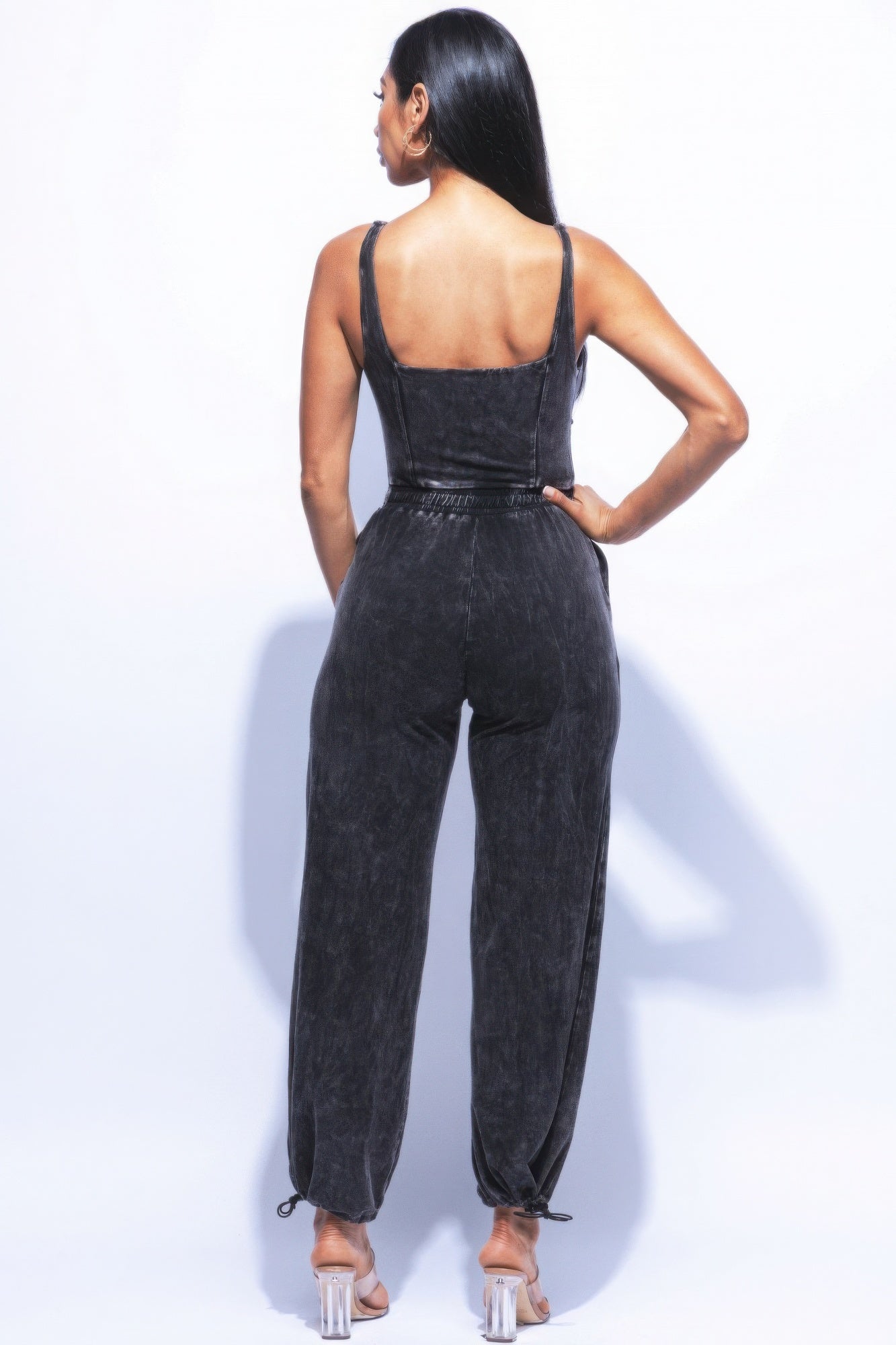 Washed One Piece Spaghetti Strap Jumpsuit Romper With Adjustable Ankle