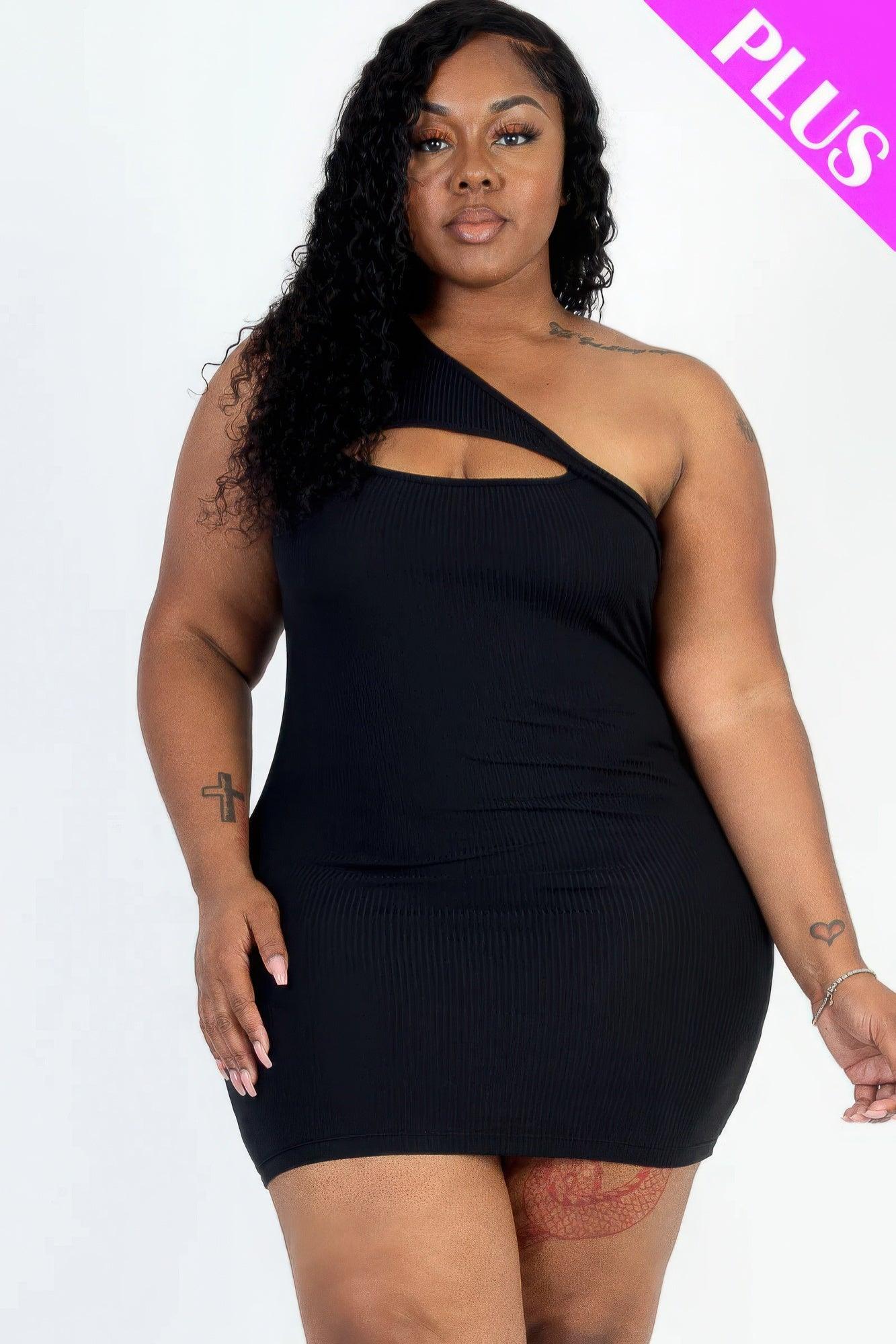 Plus Size Ribbed One Shoulder Cutout Front Casual Mini Bodycon Dress - Rebel Spirit Designs Plus Size Ribbed One Shoulder Cutout Front Casual Mini Bodycon Dress