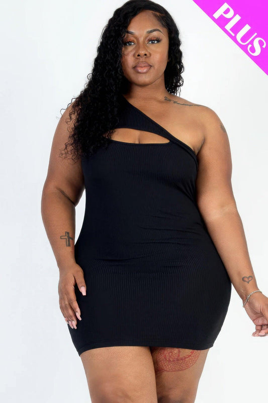 Plus Size Ribbed One Shoulder Cutout Front Casual Mini Bodycon Dress - Rebel Spirit Designs Plus Size Ribbed One Shoulder Cutout Front Casual Mini Bodycon Dress
