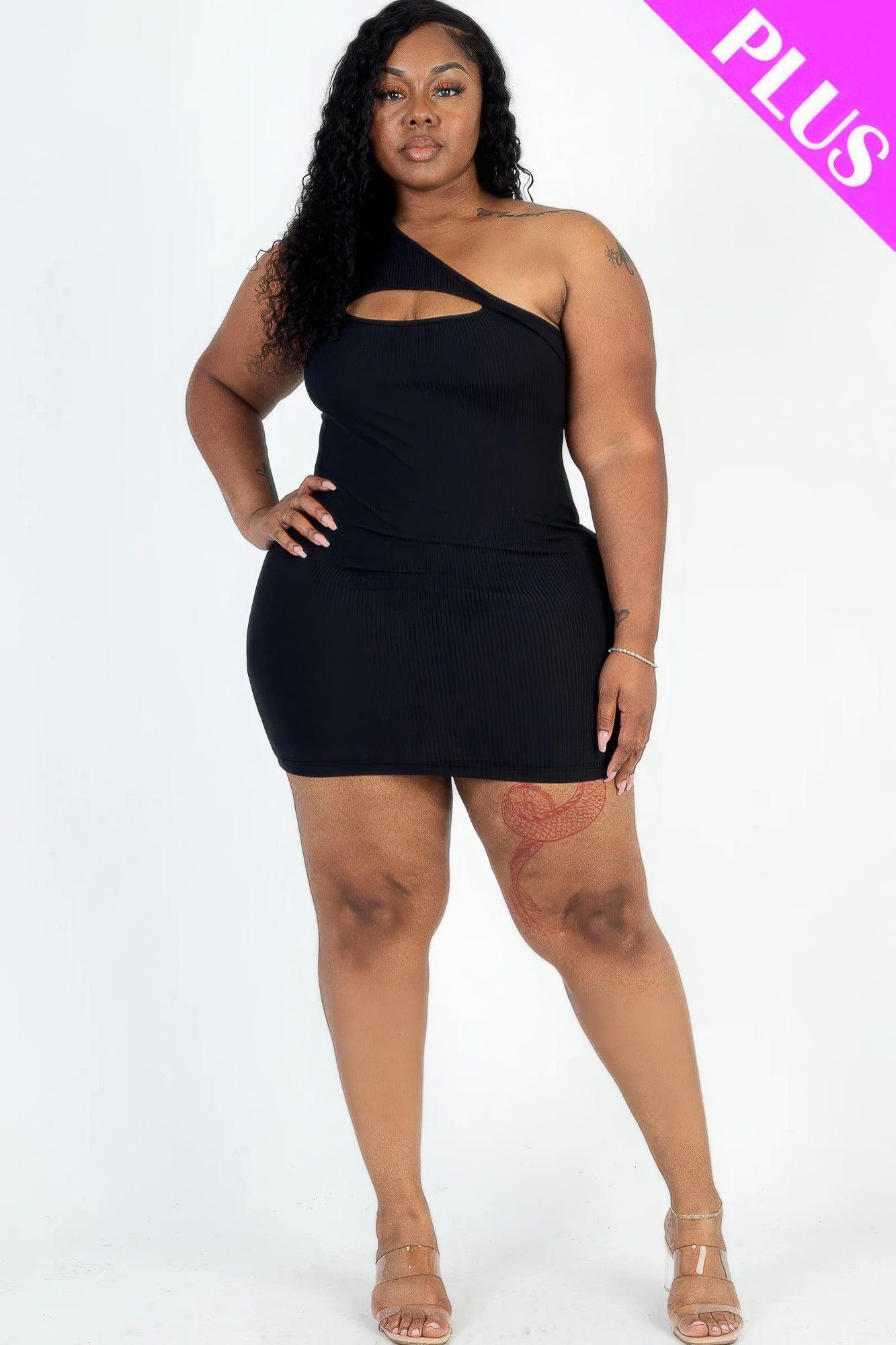 Plus Size Ribbed One Shoulder Cutout Front Casual Mini Bodycon Dress - Rebel Spirit Designs Plus Size Ribbed One Shoulder Cutout Front Casual Mini Bodycon Dress