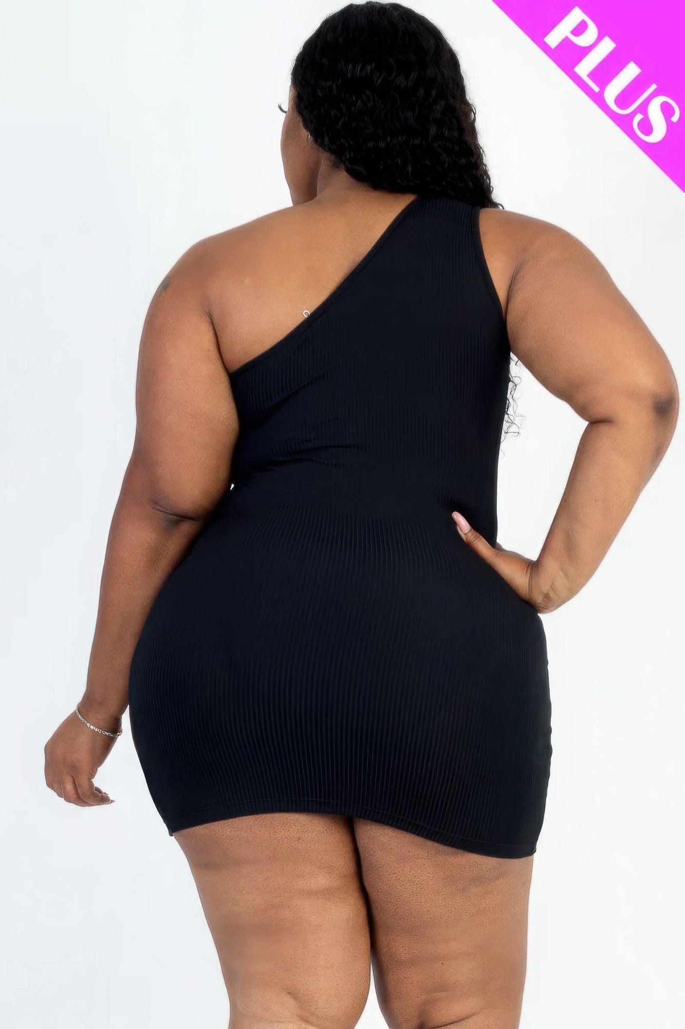 Plus Size Ribbed One Shoulder Cutout Front Casual Mini Bodycon Dress - Rebel Spirit Designs Plus Size Ribbed One Shoulder Cutout Front Casual Mini Bodycon Dress
