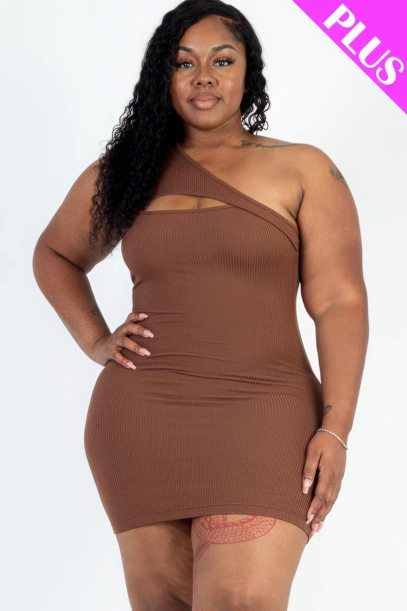 Plus Size Ribbed One Shoulder Cutout Front Casual Mini Bodycon Dress - Rebel Spirit Designs Plus Size Ribbed One Shoulder Cutout Front Casual Mini Bodycon Dress