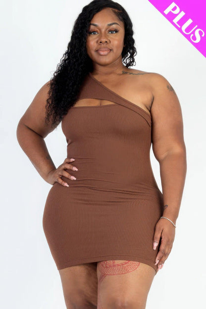 Plus Size Ribbed One Shoulder Cutout Front Casual Mini Bodycon Dress - Rebel Spirit Designs Plus Size Ribbed One Shoulder Cutout Front Casual Mini Bodycon Dress