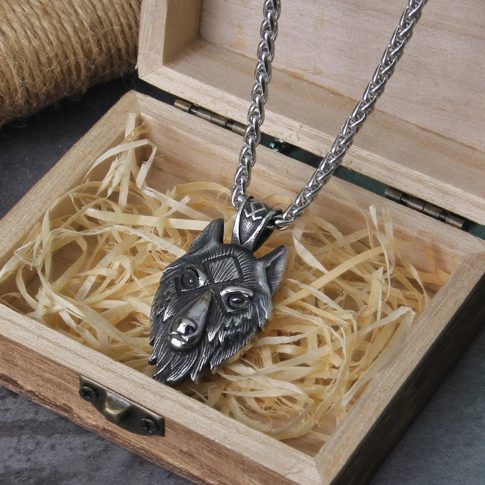Men's Stainless Steel Viking Wolf Head Pendant Necklace with Wooden Gift Box